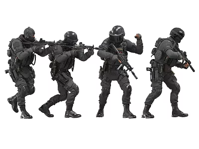 Men in Full Black Tactical Gear Holding Assault Rifles During Military Operation 3d model