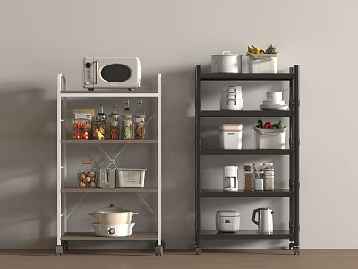 Kitchen Storage Shelves With Microwave Spices Pots Dishes Kettle And Plants 3d model