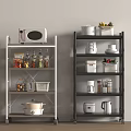 Kitchen Storage Shelves With Microwave Spices Pots Dishes Kettle And Plants