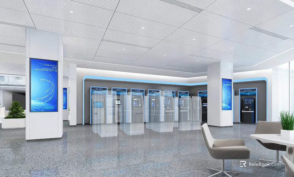 Modern Service Hall Interior With Glass Partitions Self Service Kiosks And Digital Screens 3d model 