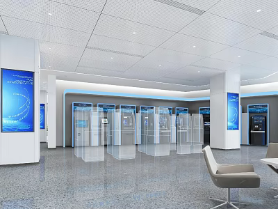 Modern Service Hall Interior With Glass Partitions Self Service Kiosks And Digital Screens 3d model