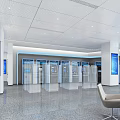 Modern Service Hall Interior With Glass Partitions Self Service Kiosks And Digital Screens
