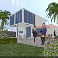 Modern Garden Landscape With Palm Trees Lawn Purple Flowers Outdoor Seating And People Walking