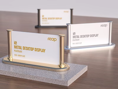 Metal Desktop Display Design With Golden Pillars White Panel On Wooden Table 3d model