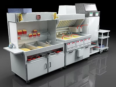 Commercial Kitchen Equipment With Multiple Compartments Storage Cabinets And Work Surfaces 3d model
