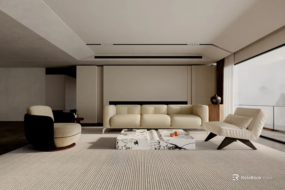 Modern Living Room Interior With Cream Sofa Marble Coffee Table Accent Chair And Area Rug 3d model 