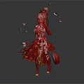 Elegant Female Character In Red White Traditional Costume With Pink Petals Floating And Staff