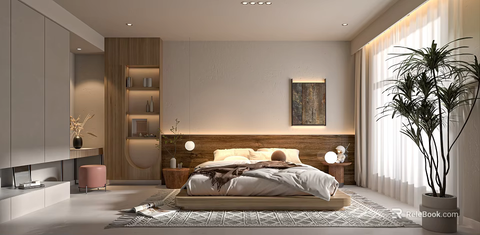 Modern Bedroom Interior With Wooden Headboard Decorative Painting Rug Table Lamps And Curtains 3d model 