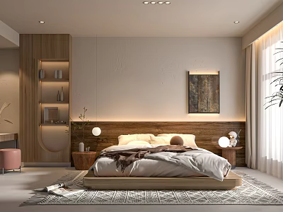 Modern Bedroom Interior With Wooden Headboard Decorative Painting Rug Table Lamps And Curtains 3d model