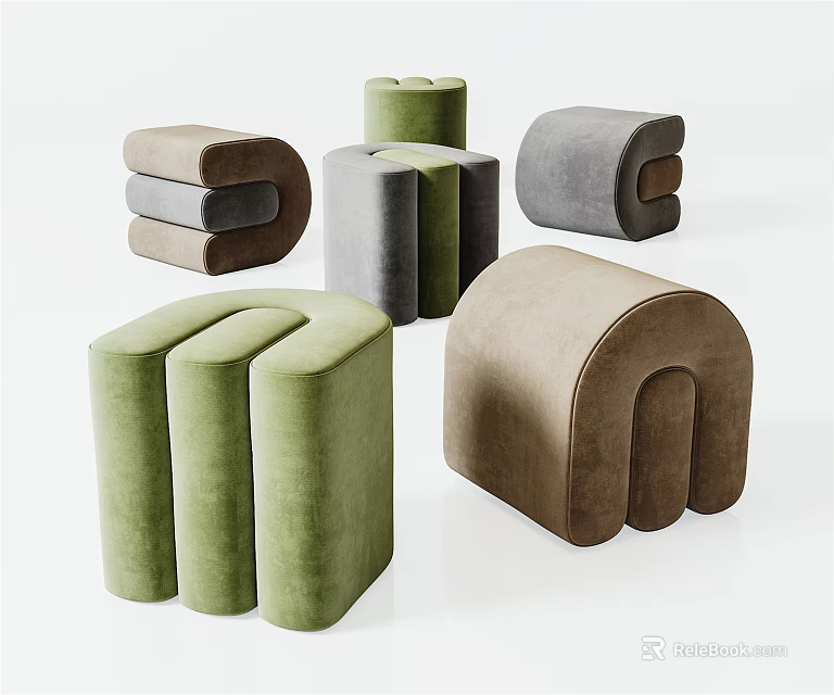 Modern Green Brown Gray Ottoman Collection With Curved Shapes And Soft Velvet Upholstery 3d model 