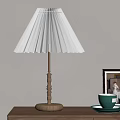 Pleated White Lampshade Wooden Table Lamp With Green Cup And Photo Frame