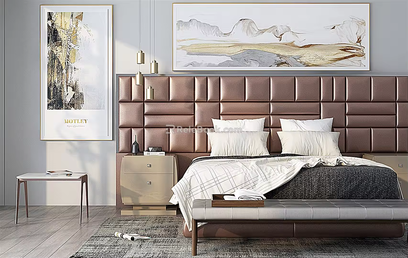 Modern background double bed double bedside table bed end stool corner group 3d model