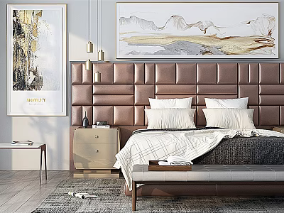 Bedroom Background Bed With Brown Leather Tufted Headboard White Pillows Gray Blanket Nightstand Wall Paintings 3d model