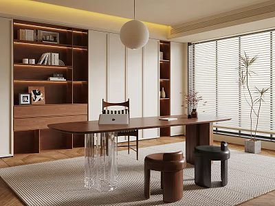 Modern Study Room With Wooden Shelves Books Decorations Long Table Pendant Light And Blinds 3d model