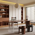 Modern Study Room With Wooden Shelves Books Decorations Long Table Pendant Light And Blinds