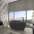 Modern Bathroom Interior With Freestanding Black Bath And Mountain Lake View Through Large Window
