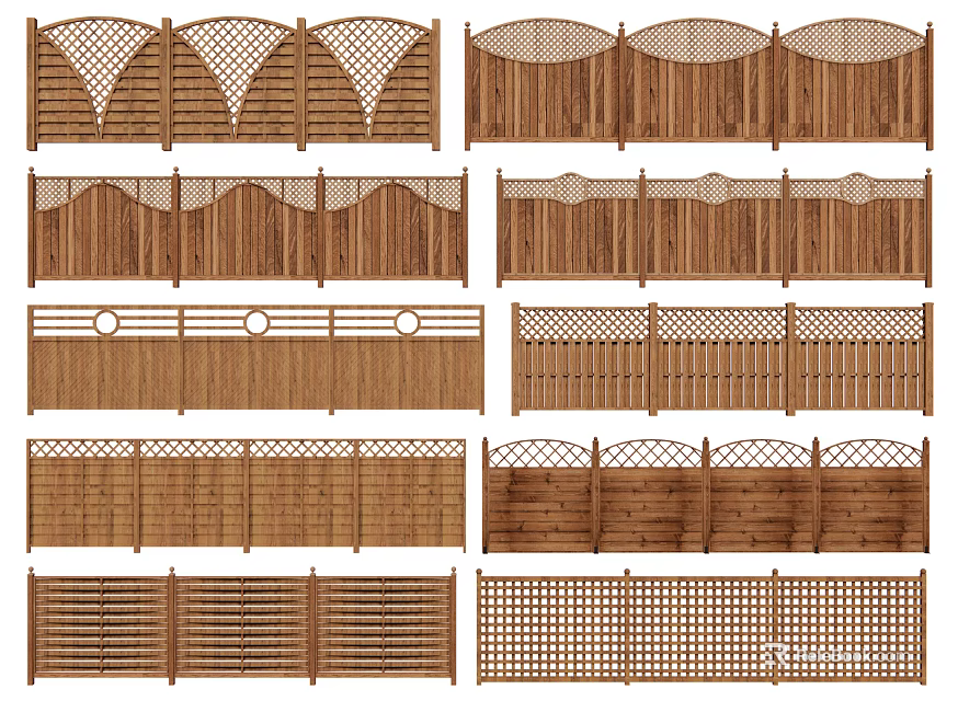 Different Styles Of Wooden Railings With Decorative Patterns For Outdoor Spaces 3d model 