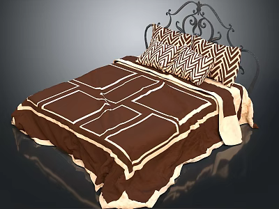 Bedroom Bed With Brown Bedding White Line Pattern Black Iron Headboard And Chevron Pillows 3d model