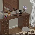 Wooden Dressing Table With Mirror Cosmetics Jewelry Box And Stool Near Window Blinds