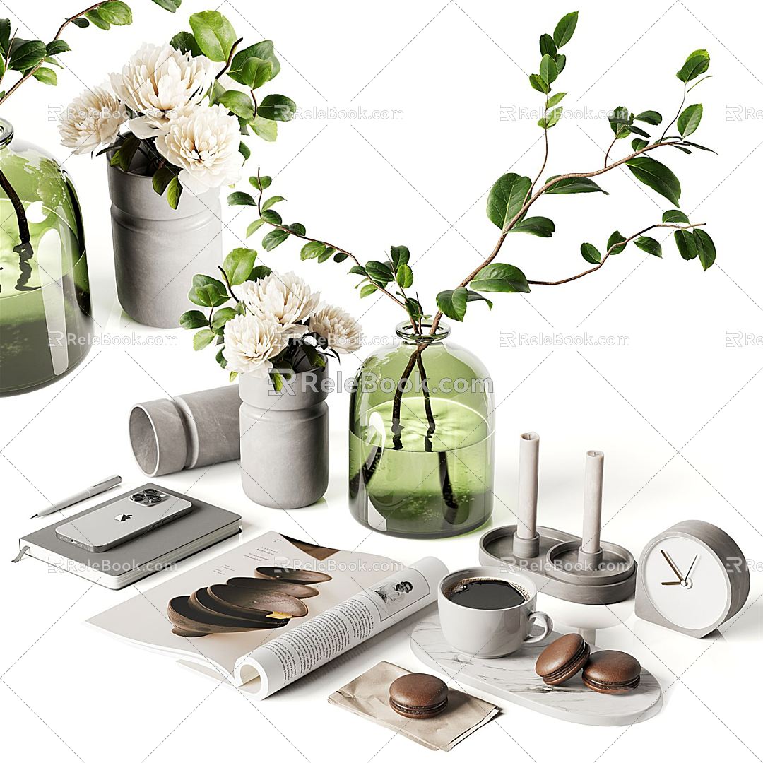 Modern Ornaments Combination Aquatic Plant Vase Flower Art Flower Book Coffee Dessert Alarm Candle Mobile Phone 3d model