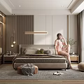 Modern Bedroom Interior Design With Comfortable Bed Glass Wardrobe Pendant Lights And Large Area Rug