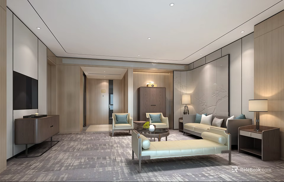 Modern Hotel Guest Room Interior With Sofa Coffee Table TV Console And Area Carpet 3d model 