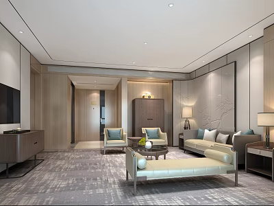 Modern Hotel Guest Room Interior With Sofa Coffee Table TV Console And Area Carpet 3d model