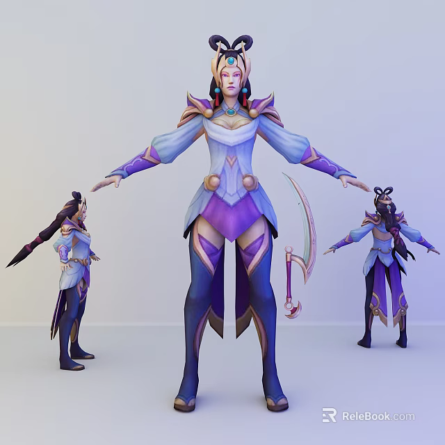 Fantasy Game And Movie Character In Purple White Outfit With Scimitar And Ornate Armor 3d model 