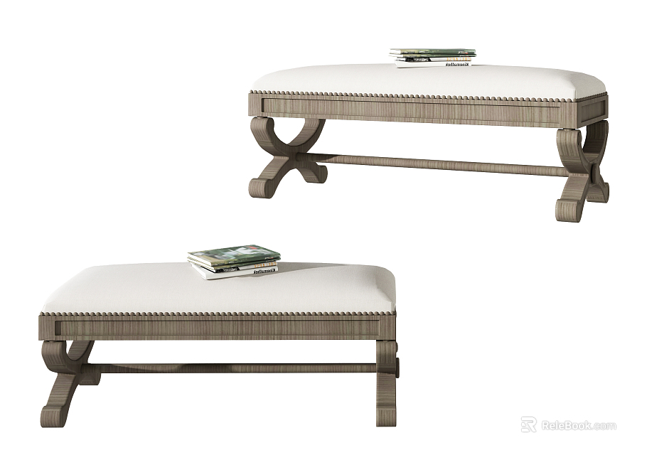 Modern Upholstered Ottoman Bench With Wooden Legs And Books On Top 3d model 