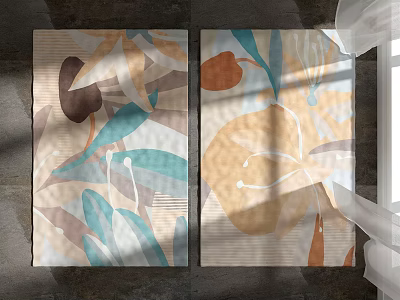 Modern Square Rugs With Abstract Leaf And Flower Patterns In Beige Brown Blue Orange Colors 3d model
