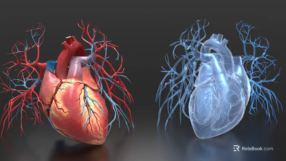 Chest Organ Human Heart 3D Model with Blood Vessels Colored and Transparent Anatomical View 3d model 