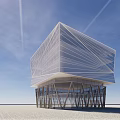 Modern Geometric Architectural Structure With Metal Support Columns And Sunset Sky
