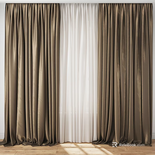 Luxurious Brown Curtains With White Sheer Panels For Home Window Decoration 3d model 