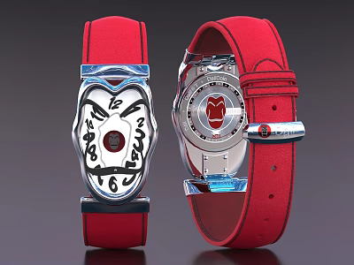 Stylish Watches With Red Leather Straps Artistic Dial Transparent Case Back And Visible Movement 3d model