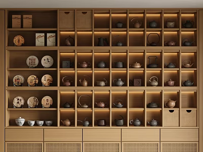 Traditional Tea Ware Display On Organized Multi Layer Wooden Shelves With Natural Design 3d model