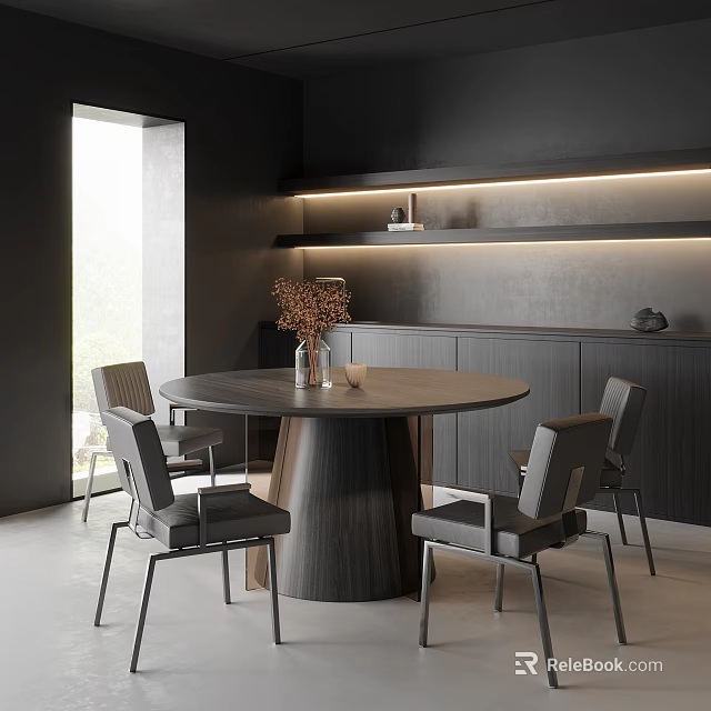 Modern Dark Tone Dining Table Set with Round Table Grey Chairs Dried Flowers LED Shelf 3d model 