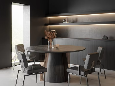 Modern Dark Tone Dining Table Set with Round Table Grey Chairs Dried Flowers LED Shelf 3d model