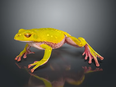Vibrant Yellow Frog With White Spots And Pink Legs On Dark Background With Reflection 3d model