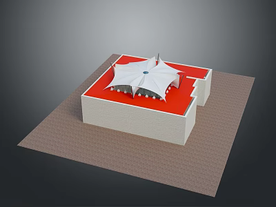 White Building Structure With Red Platform And White Membrane Canopy On Brown Base 3d model