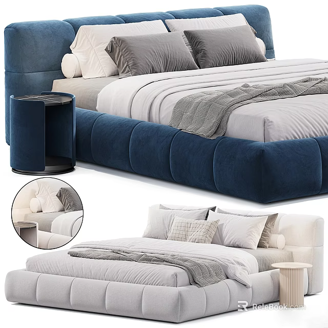 Navy Blue And White Double Bed With Upholstered Headboard And Wooden Nightstand 3d model 