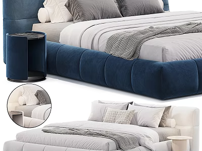 Navy Blue And White Double Bed With Upholstered Headboard And Wooden Nightstand 3d model