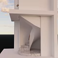 Modern White Spiral Staircase with Wooden Handrail in Contemporary Structure and Sky View