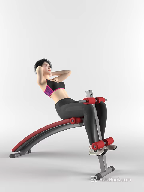 Woman Doing Sit Ups On Red And Silver Fitness Equipment In Sportswear 3d model 