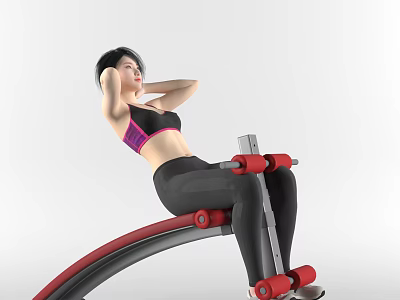 Woman Doing Sit Ups On Red And Silver Fitness Equipment In Sportswear 3d model