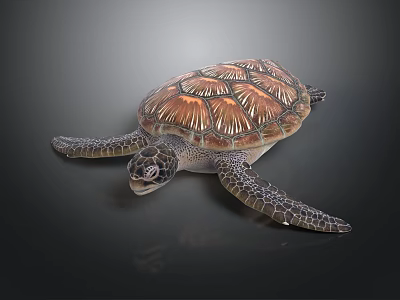 Brown and Orange Patterned Sea Turtle With Stretching Limbs On Dark Surface 3d model