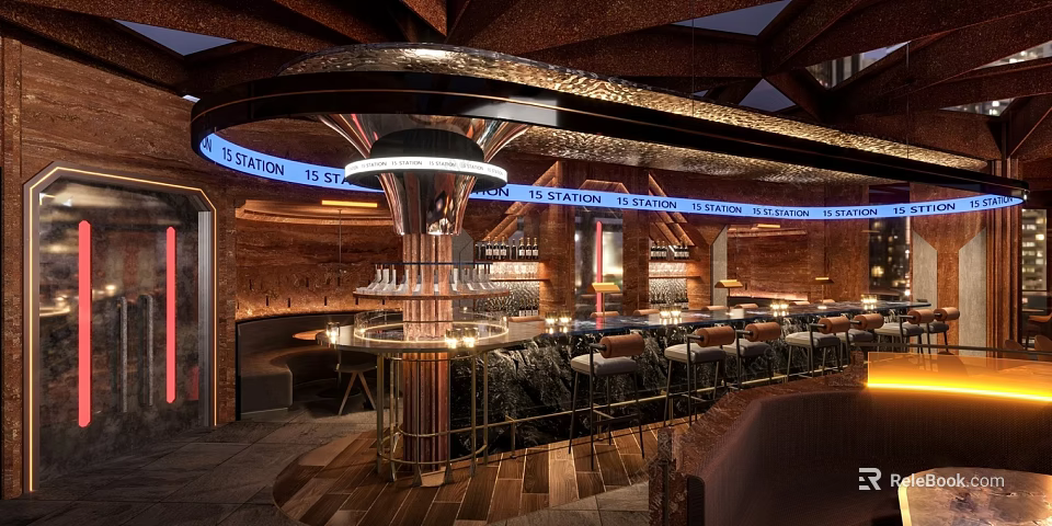 Modern Bar Interior Design With Sleek Counter Comfortable Seats And Ambient Lighting 3d model 