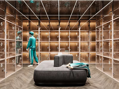 Luxurious Modern Walk in Closet with Glass Front Lockers and Comfortable Seating Sofa 3d model