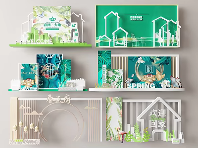 Spring Themed Decorative Scenes Featuring Green Plants Welcome Signs And Home Elements 3d model