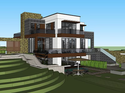 Modern Detached Villa Exterior Design With Glass Windows Stone Facade And Outdoor Lawn 3d model
