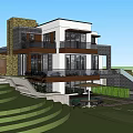 Modern Detached Villa Exterior Design With Glass Windows Stone Facade And Outdoor Lawn